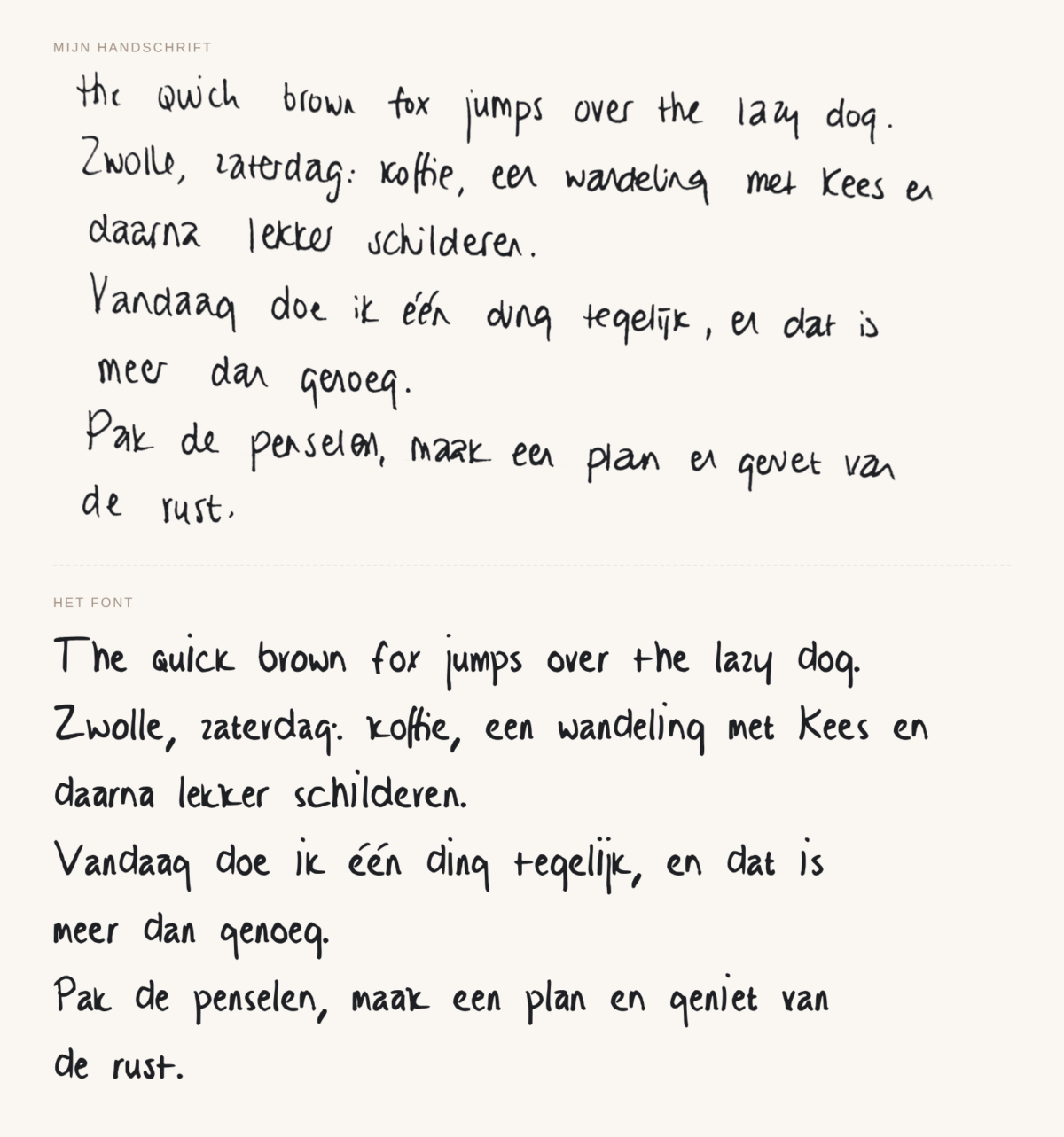Mijn handschrift vergeleken met het lettertype van mijn handschrift