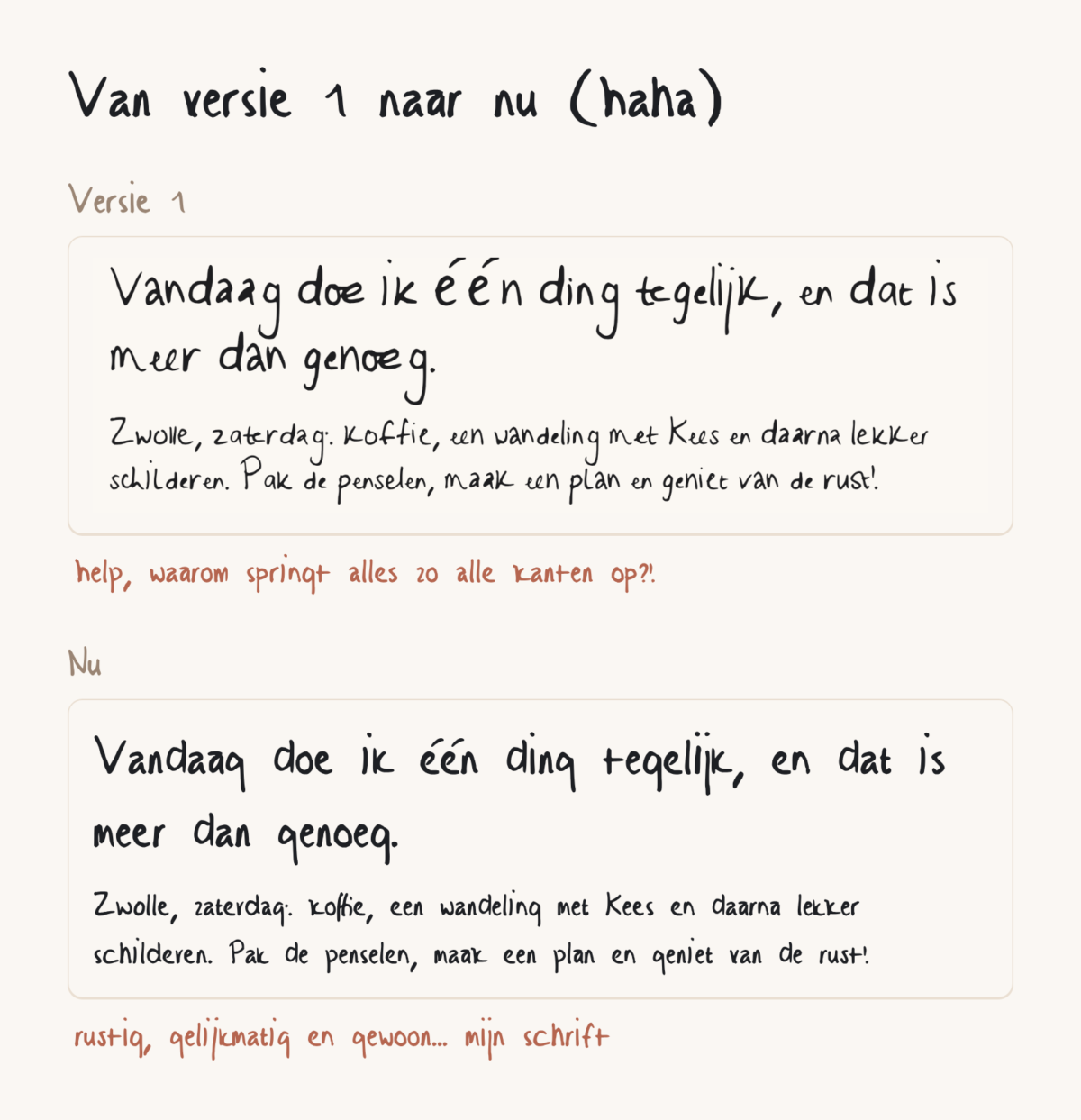Eerste versie en eindversie van het lettertype van mijn handschrift